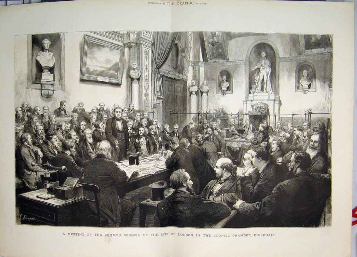 Original Old Antique Print 1875 City London Council Meeting Chamber Guildhall