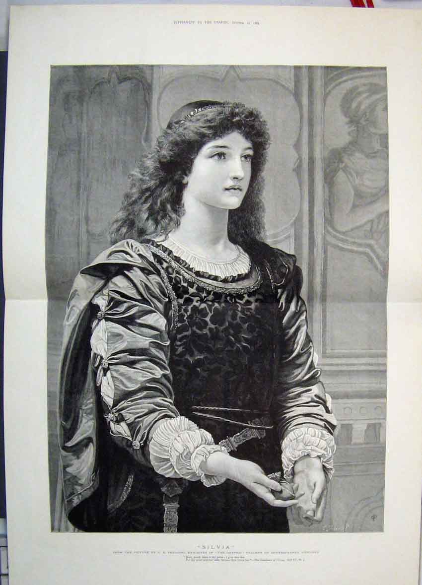 Original Old Antique Print 1889 Silvia Shakespears Heroines PortraitVictorian