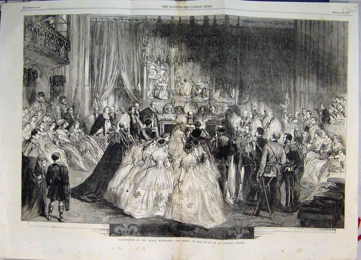 Original Old Antique Print 1863 Royal Marriage Scene Altar Georges Chapel 19th