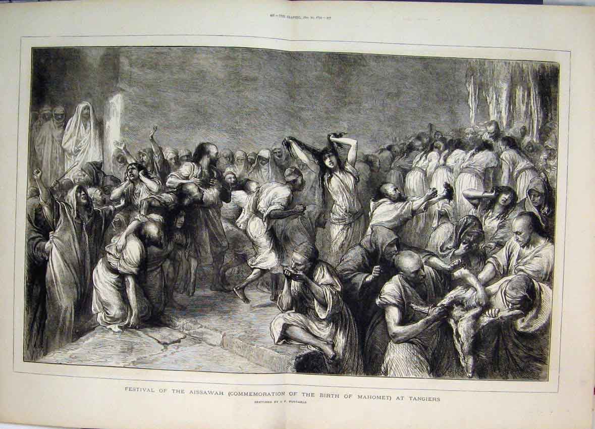 Old Antique Print 1874 Festival Aissawah Birth Mahomet Tangiers Sketch 19th