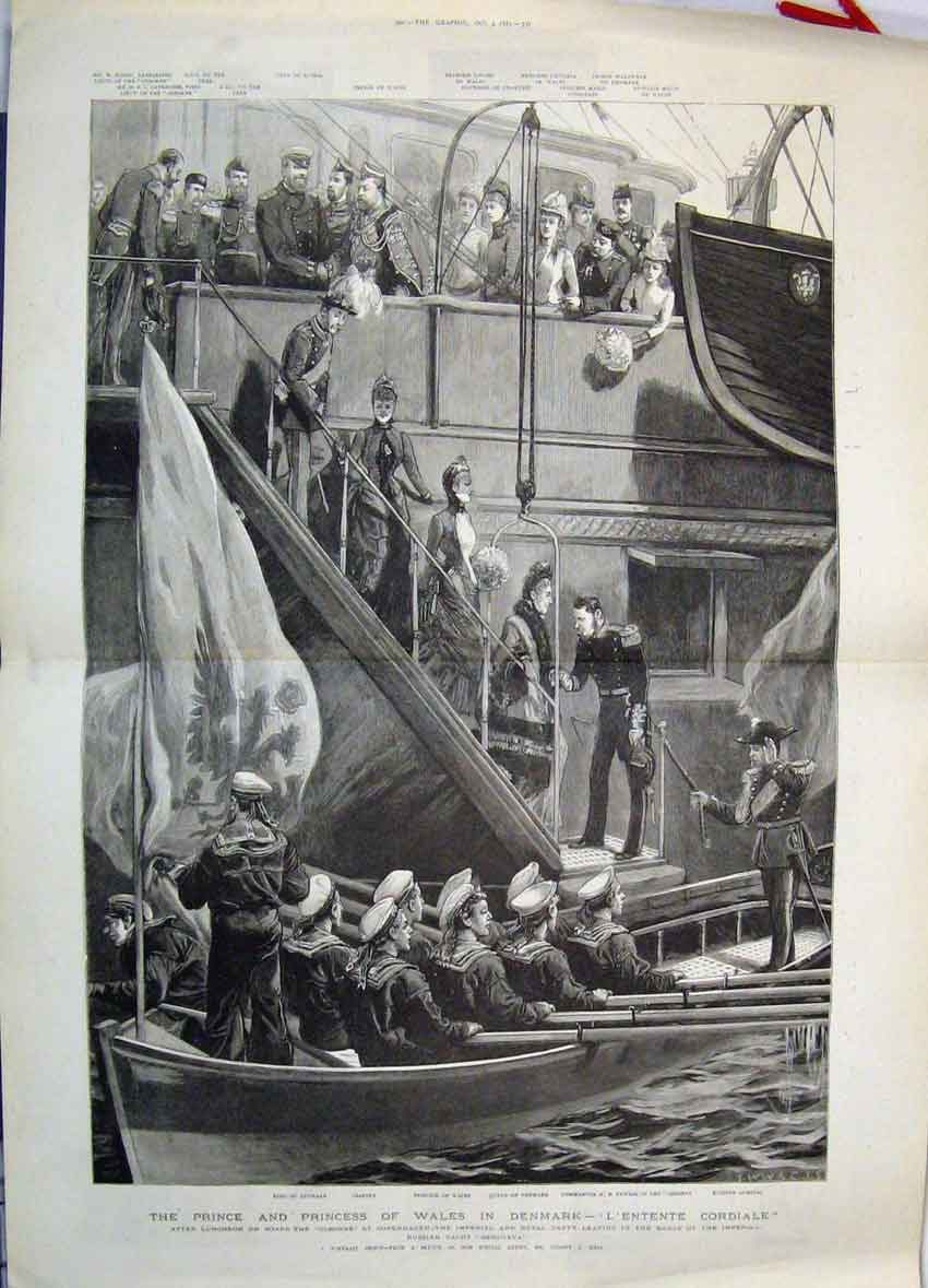 Antique Old Print 1885 Prince Princess Wales Denmark Czarina Admiral Ship 19th
