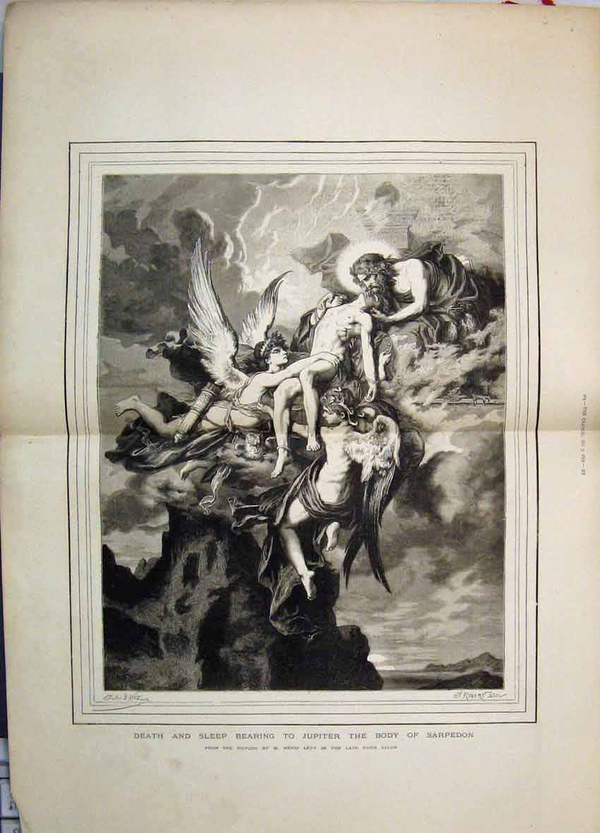 Old Antique Print 1874 Jupiter Body Sarpedon Angels Paris Salon Fine Art 19th