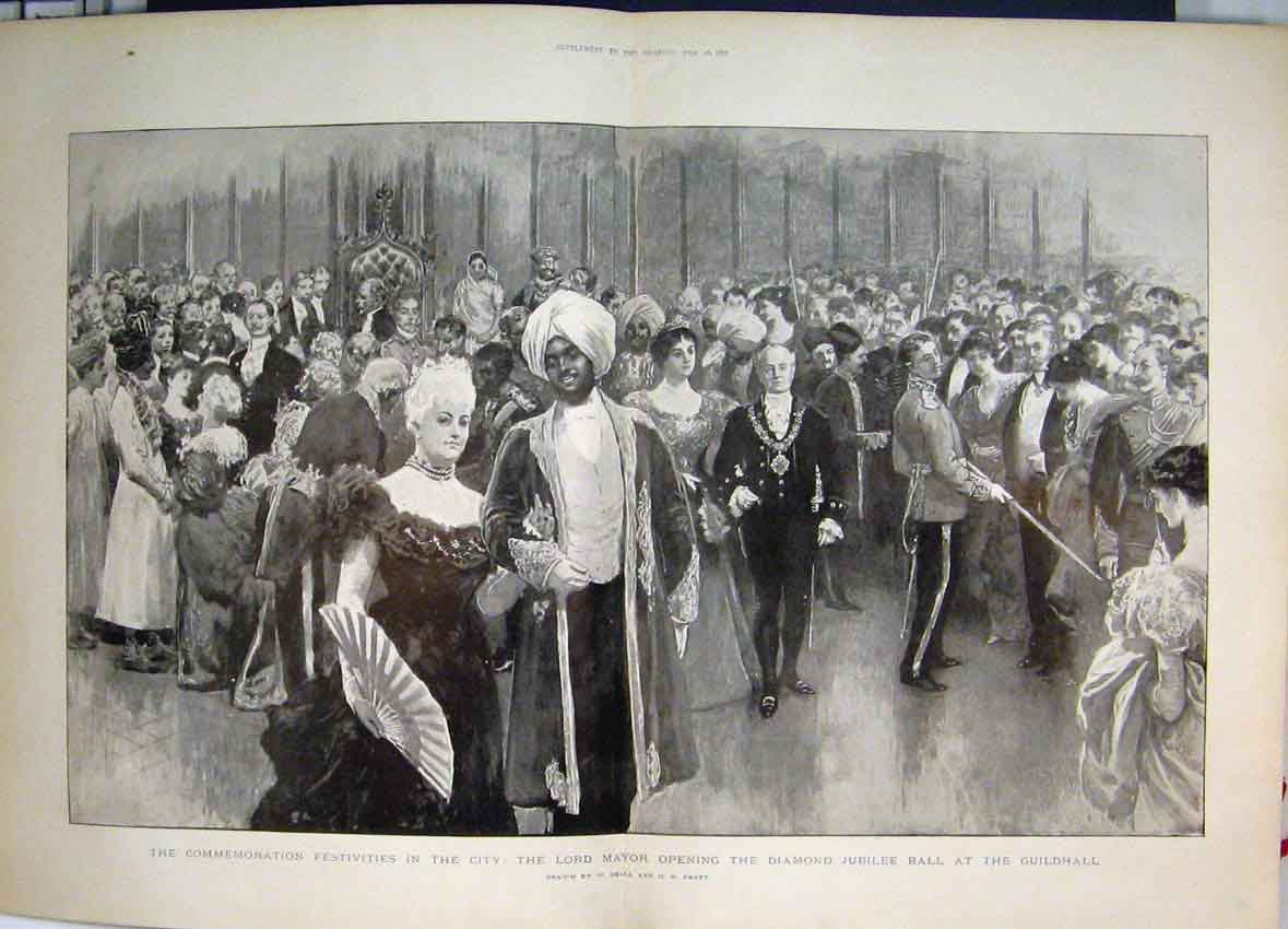Old Antique Print 1897 Lord Mayor Diamond Jubilee Ball Guildhall Dance 19th