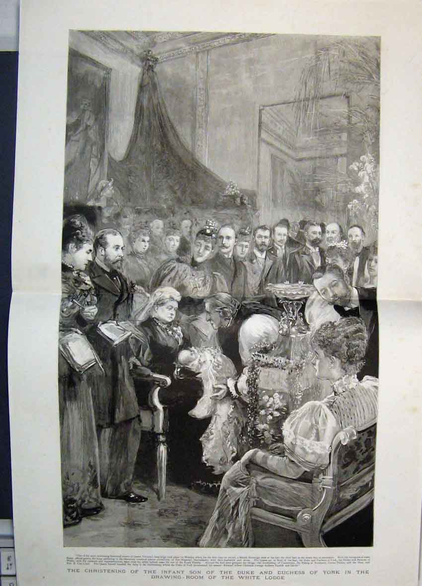 Old Antique Print 1894 Christening Infant Duke York Drawing Room Lodge 19th