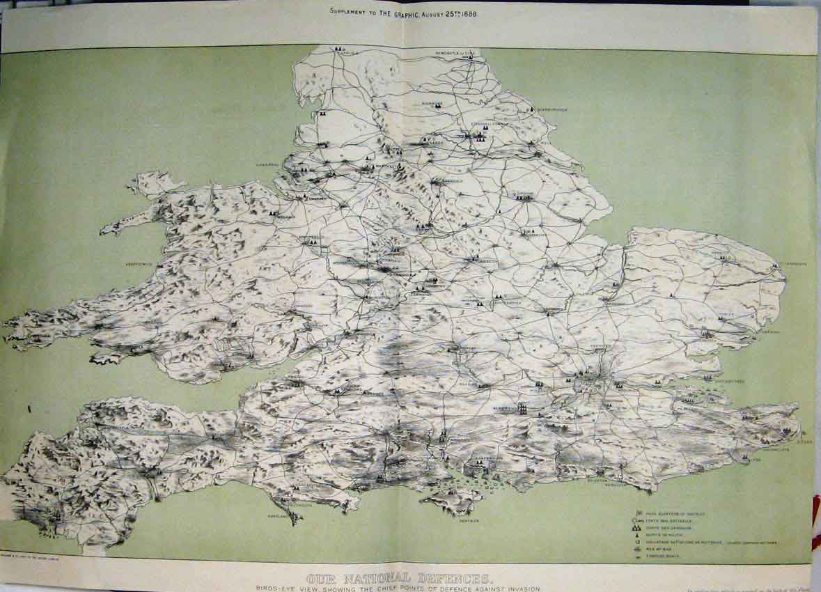 Antique Old Print 1888 Map Chief Points Defence Invasion Camp War England 19th