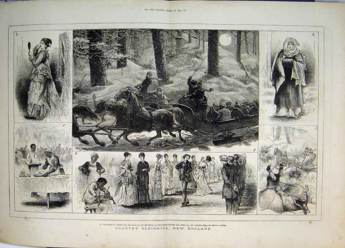 Old Antique Print 1874 Country Sleighing England Dancing Horses Fine Art 19th