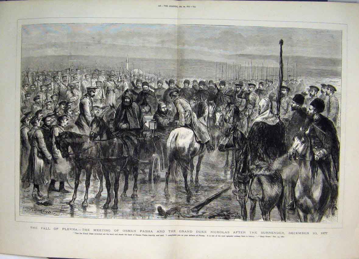 Old Antique Print 1877 Plevna Osman Pasha Duke Nicholas Surrender Horses 19th