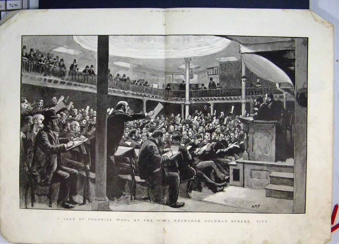 Old Antique Print 1889 Sale Colonial Wool Exchange Coleman Street City 19th