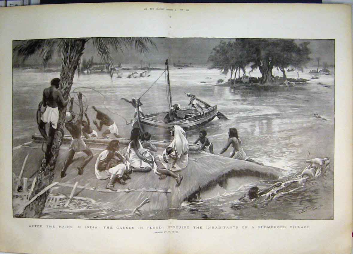 Original Old Antique Print 1897 Rain India Ganges Flood Submerged Village 19th