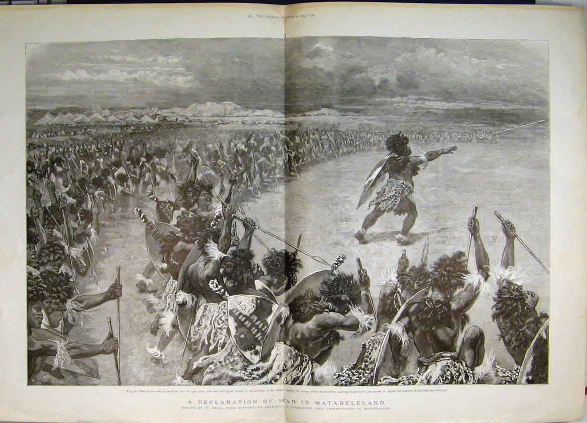 Original Old Antique Print 1893 War Matabeleland King Lo BentulaVictorian
