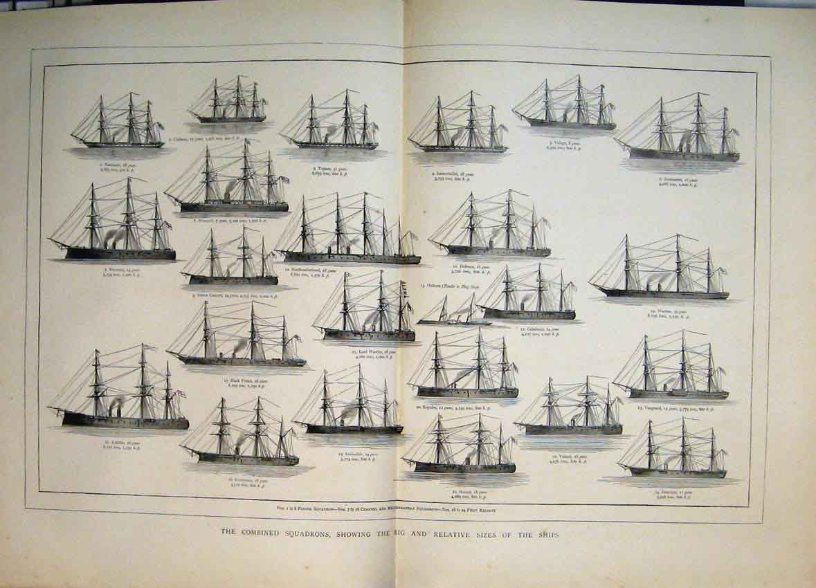 Original Old Antique Print Ships Flying Squadron Mediterranean First Reserve