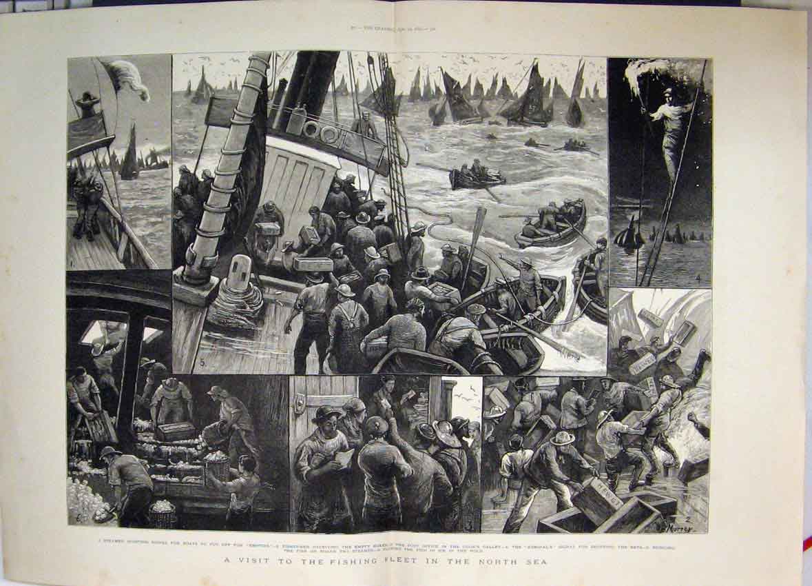 Original Old Antique Print 1875 Fishing Fleet North Sea Cooks Galley Admiral