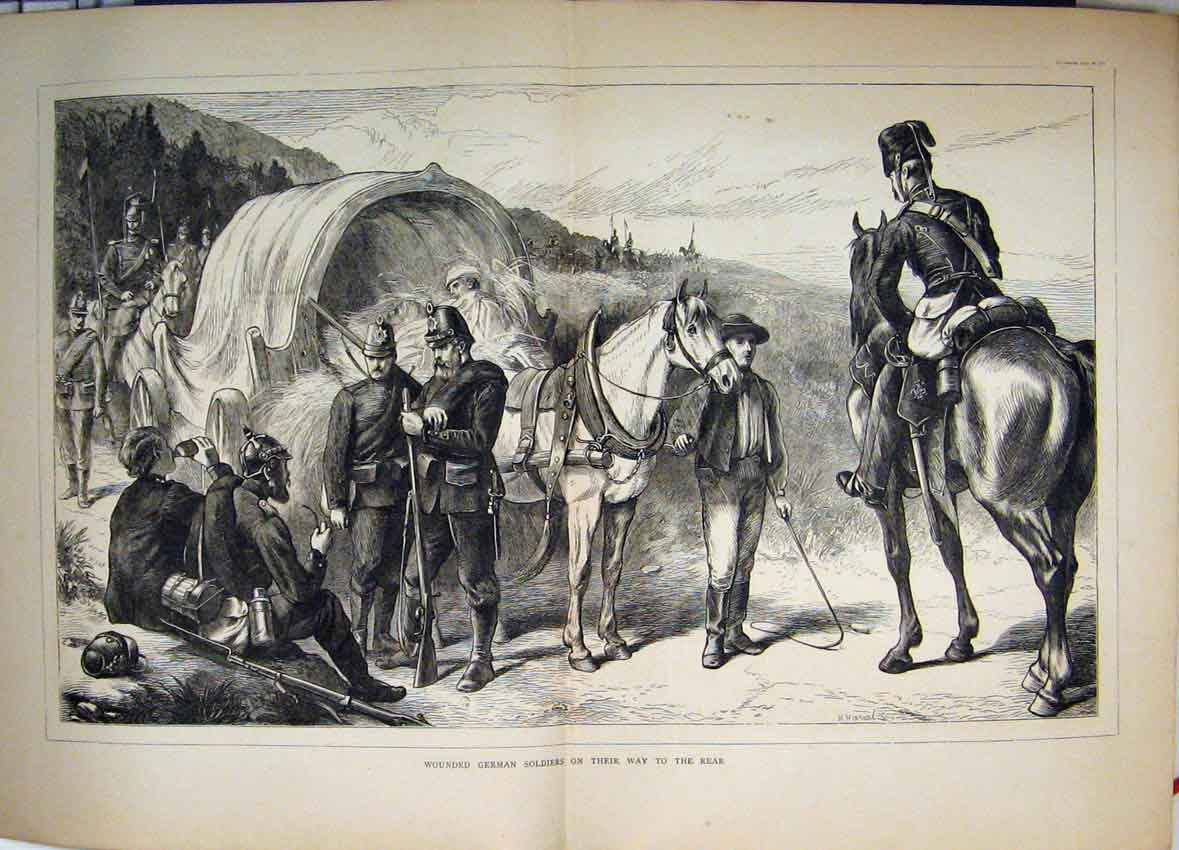 Original Old Antique Print 1870 Wounded German Siers Horses CartVictorian
