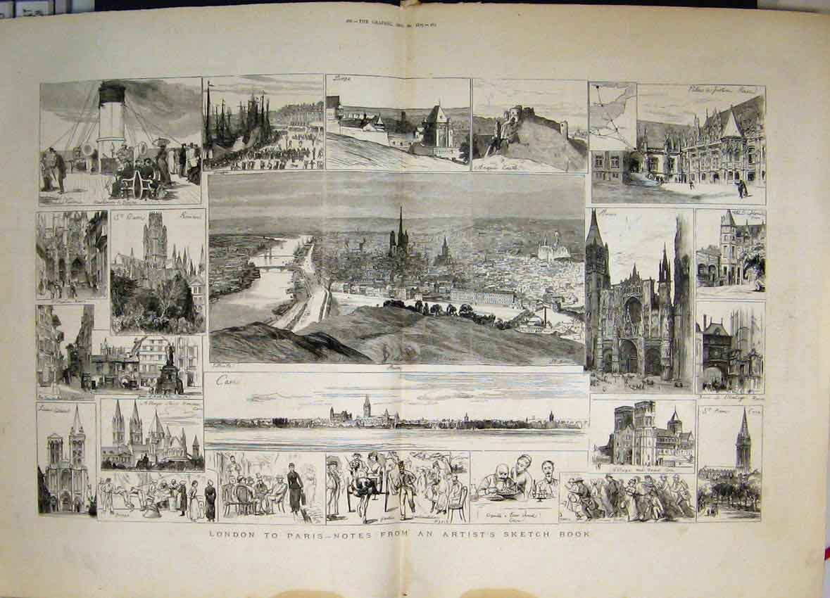 Antique Old Print 1879 London Paris Cathedral Castle People Artist Sketch 19th