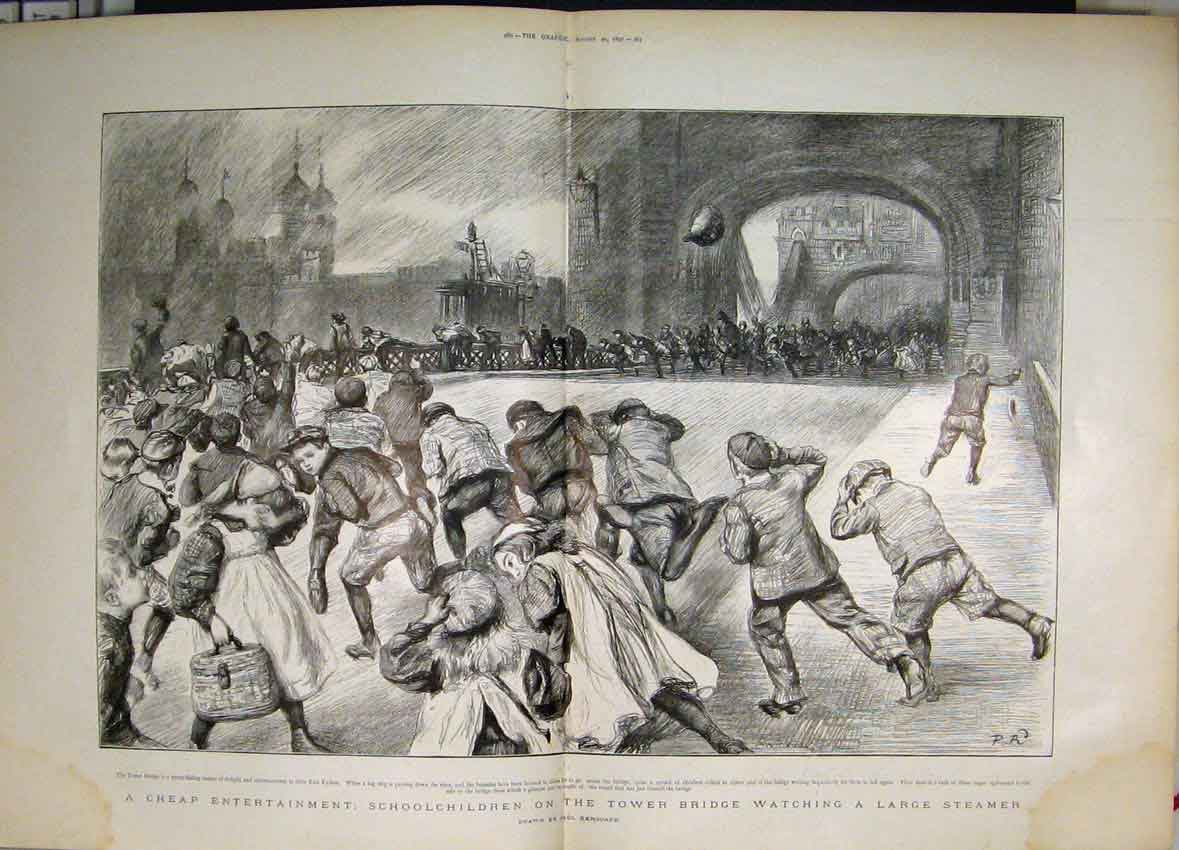Old Antique Print 1897 Schoolchildren Tower Bridge Watching Steamer Ship 19th