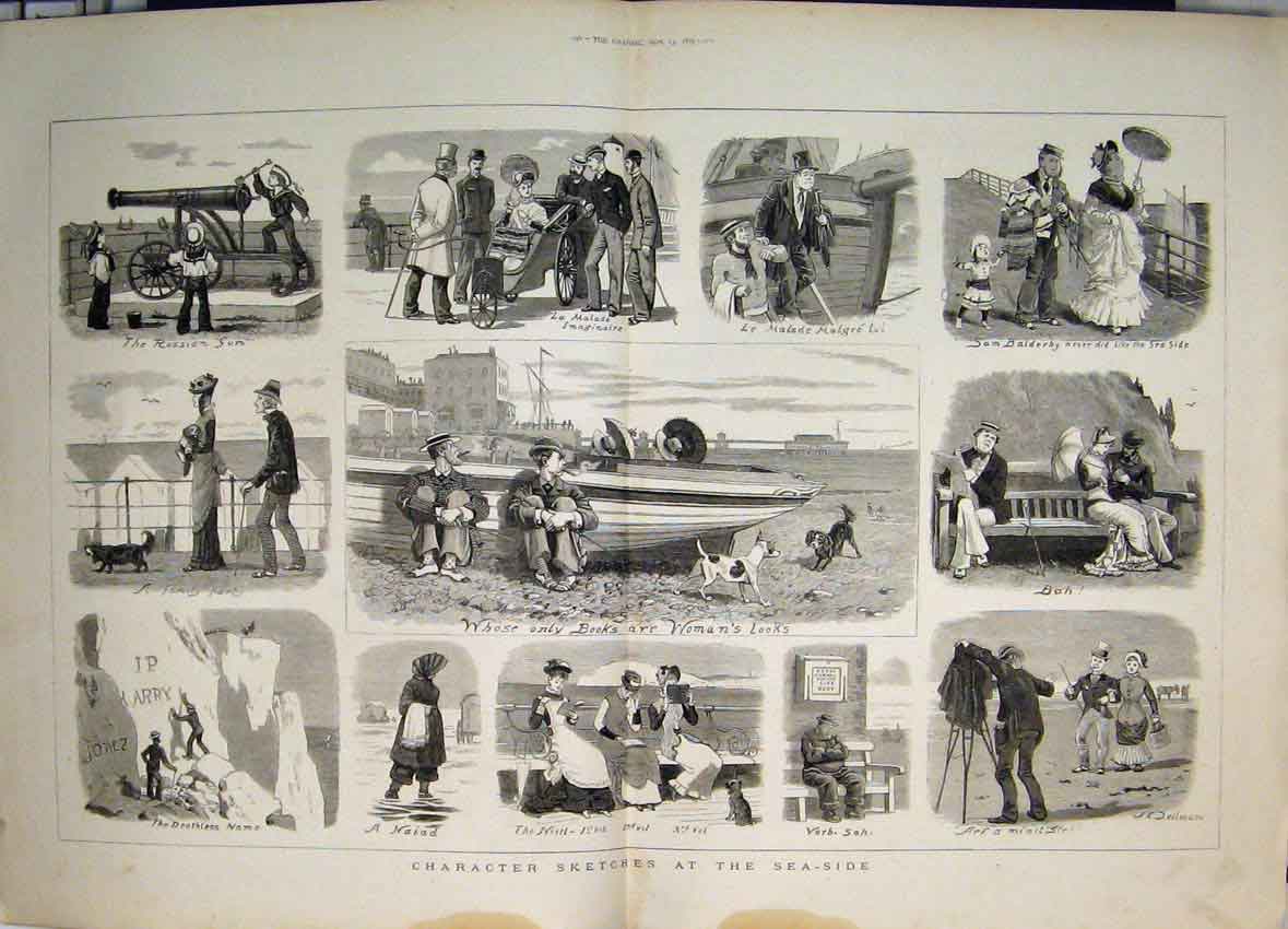 Old Antique Print 1879 Seaside Russian Gun Children Men Romance Sketches 19th