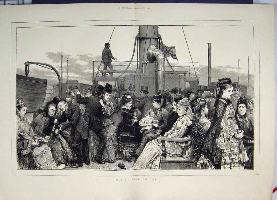 Original Old Antique Print 1873 Family Holiday Ship Dancing RomanceVictorian