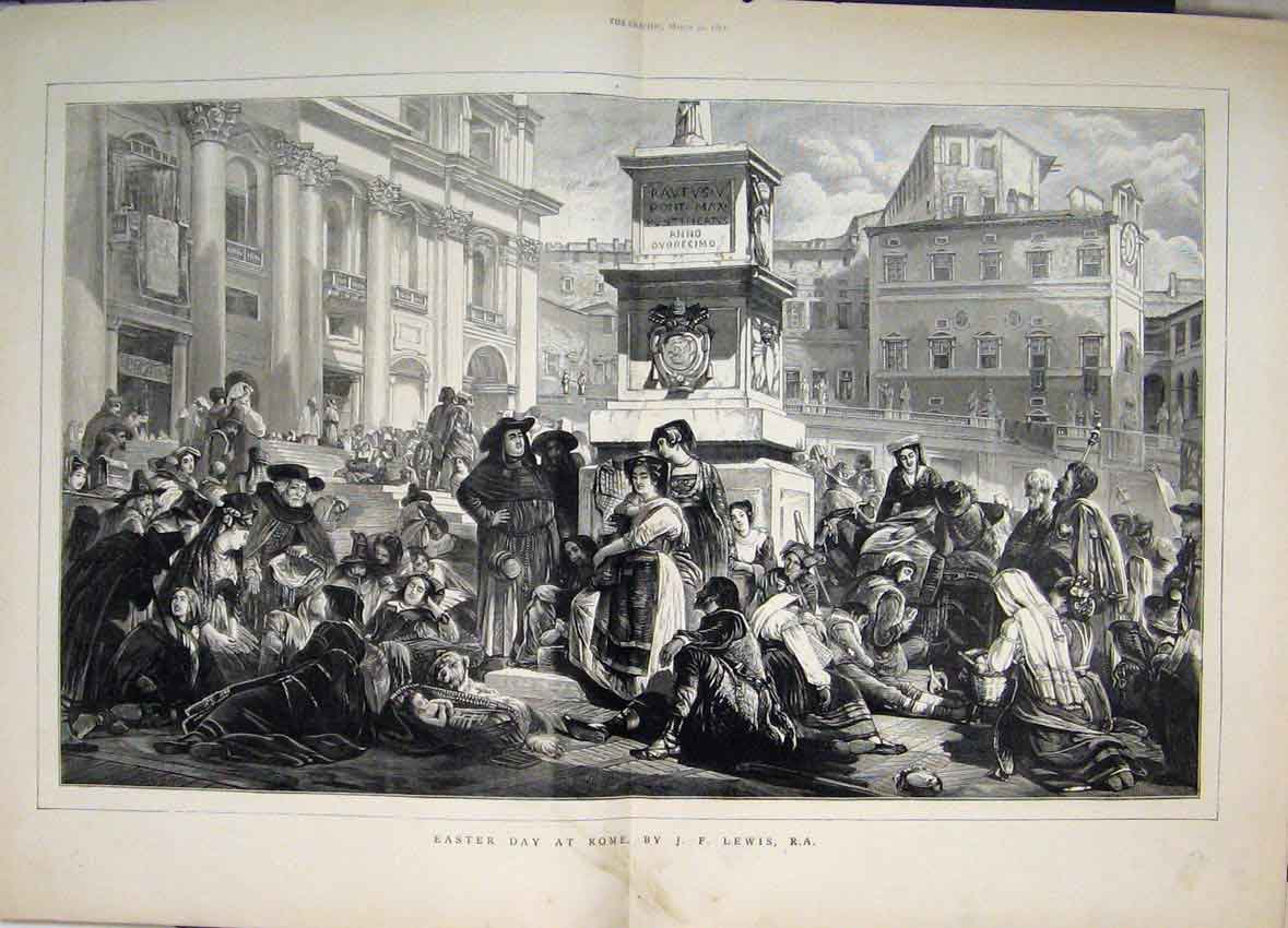 Original Old Antique Print 1872 Easter Day Rome Families Building Fine Art