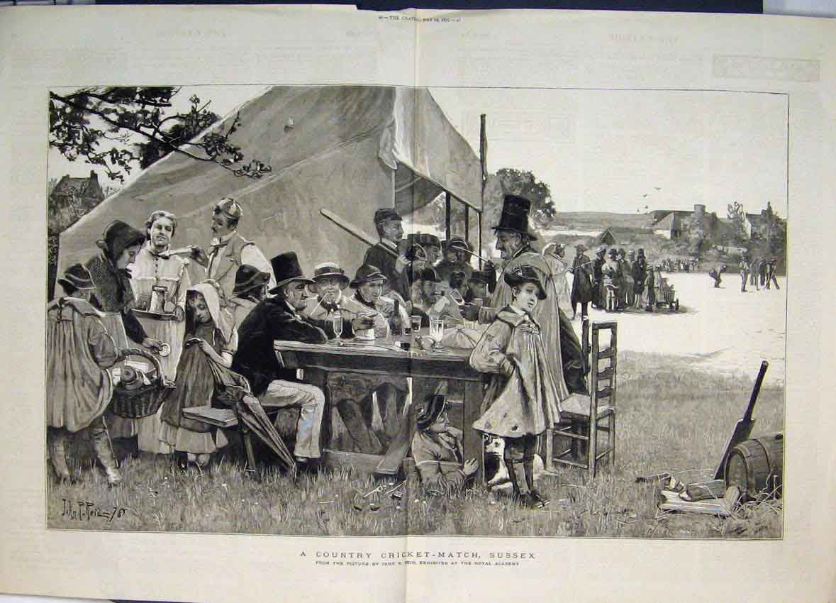 Original Old Antique Print 1879 Country Cricket Match Sussex Sport Day Out