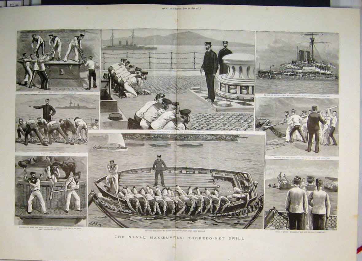 Original Old Antique Print 1892 Naval Manoeuvres Torpedo Net Drill Anson 19th
