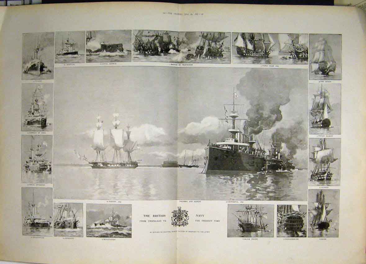 Old Antique Print 1897 British Navy Ships Fleet Vernon Powerful Regent 19th