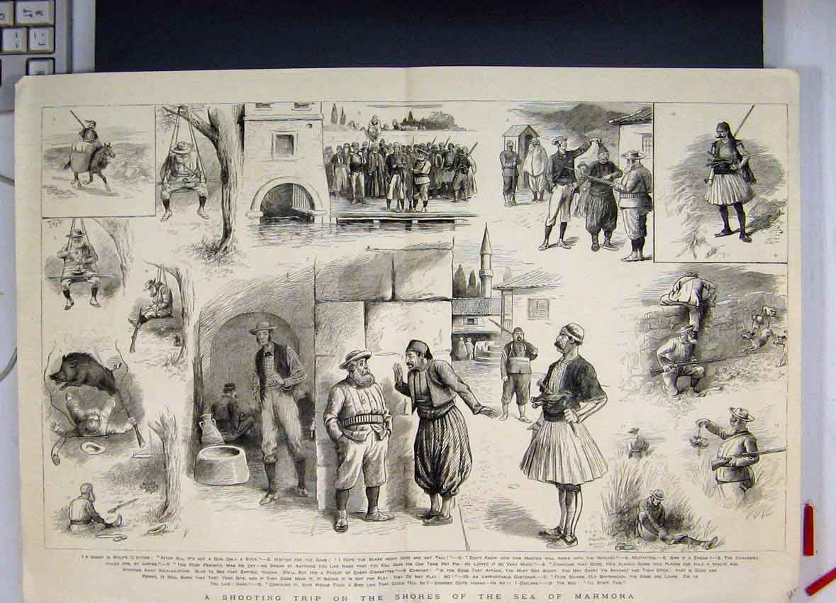 Original Old Antique Print Shooting Shores Sea Marmora Boars Dogs Gun