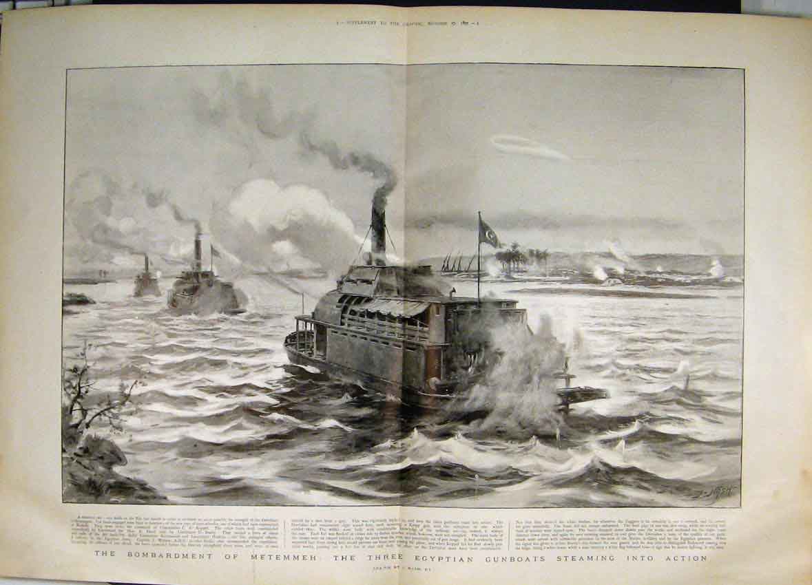 Original Old Antique Print 1897 Bombardment Metemmeh Egyptian Gunboats 19th