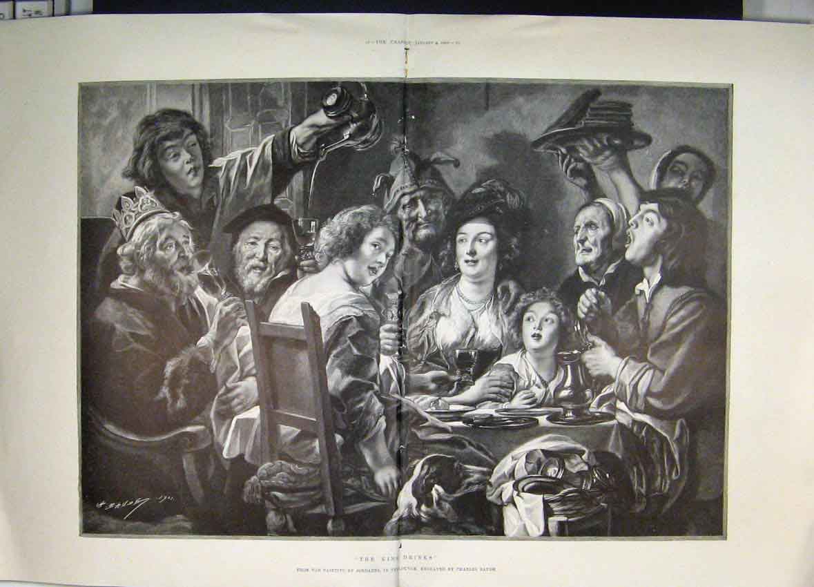 Original Old Antique Print 1902 Kings Drinks Party Louvre Beautiful 20th