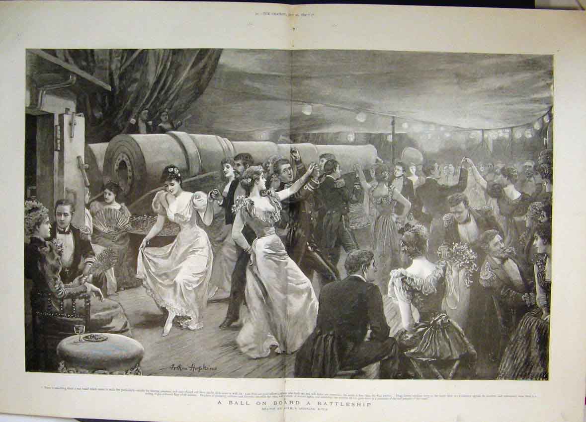 Original Old Antique Print 1894 Dancing Ball Battleship Romance Fine Art 19th