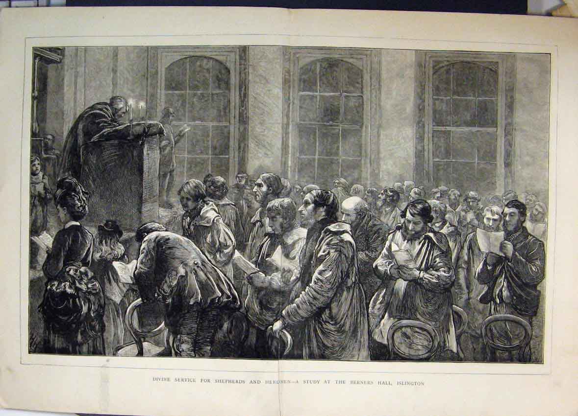 Old Antique Print 1872 Service Shepherd Herdsmen Berners Hall Islington 19th