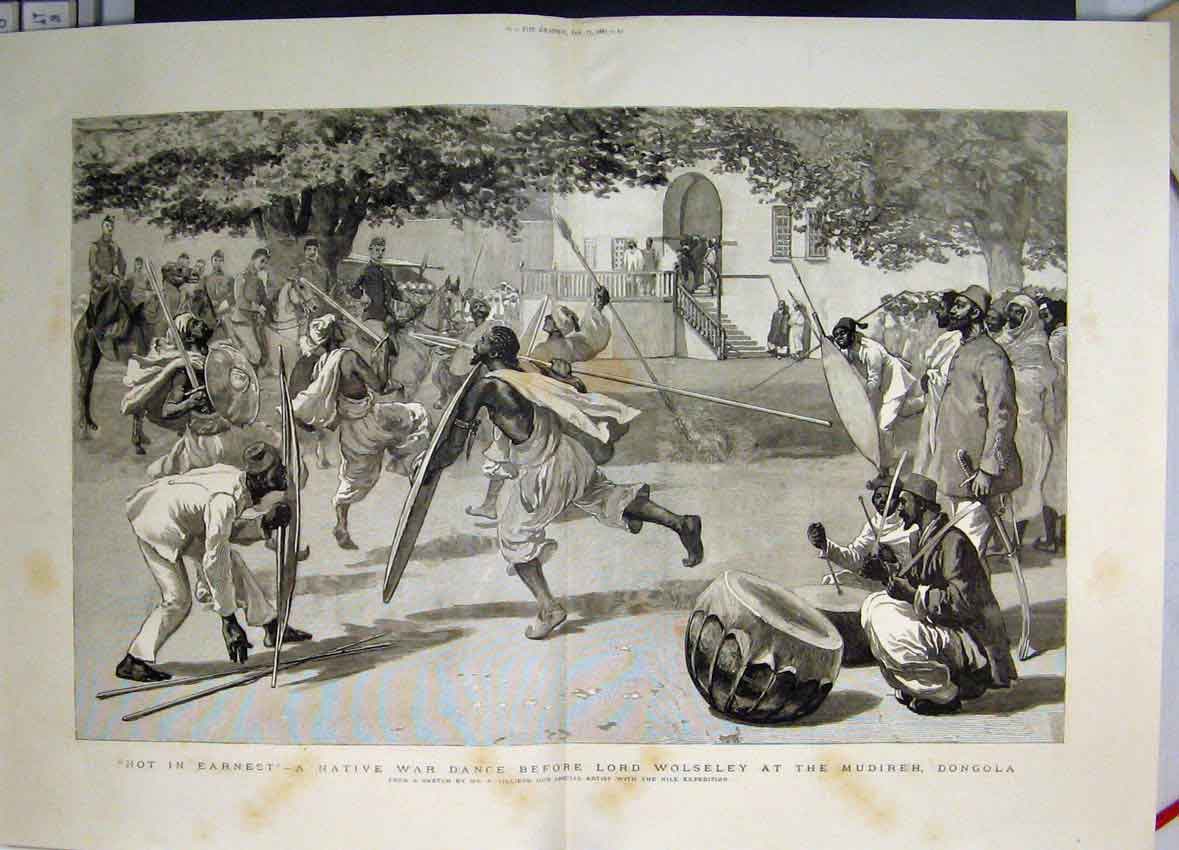 Original Old Antique Print 1885 Native War Dance Lord Wolseley Mudireh Dongola
