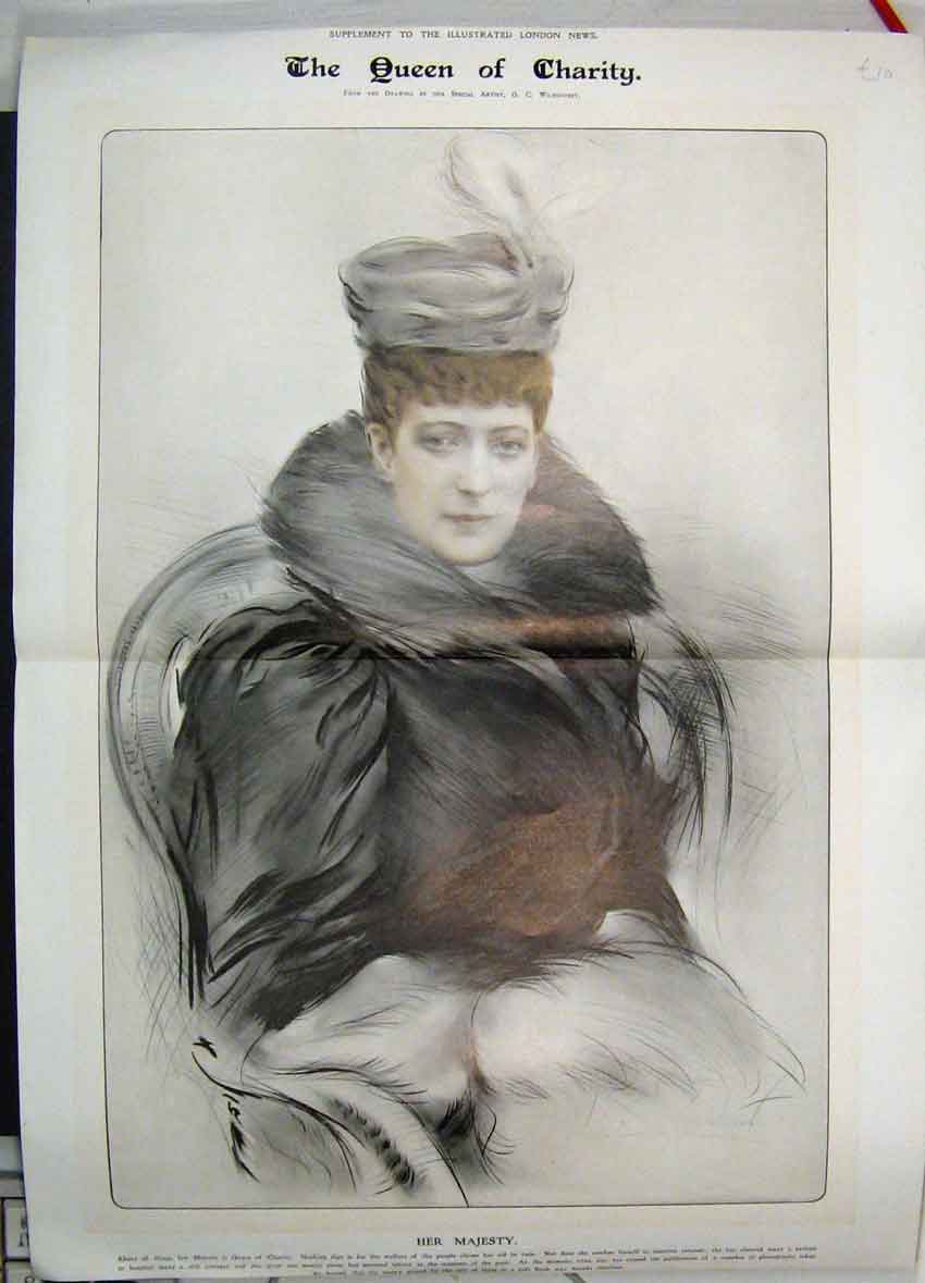 Original Old Antique Print C1880 Her Majesty Queen Charity Wilmhurst Colour 19th