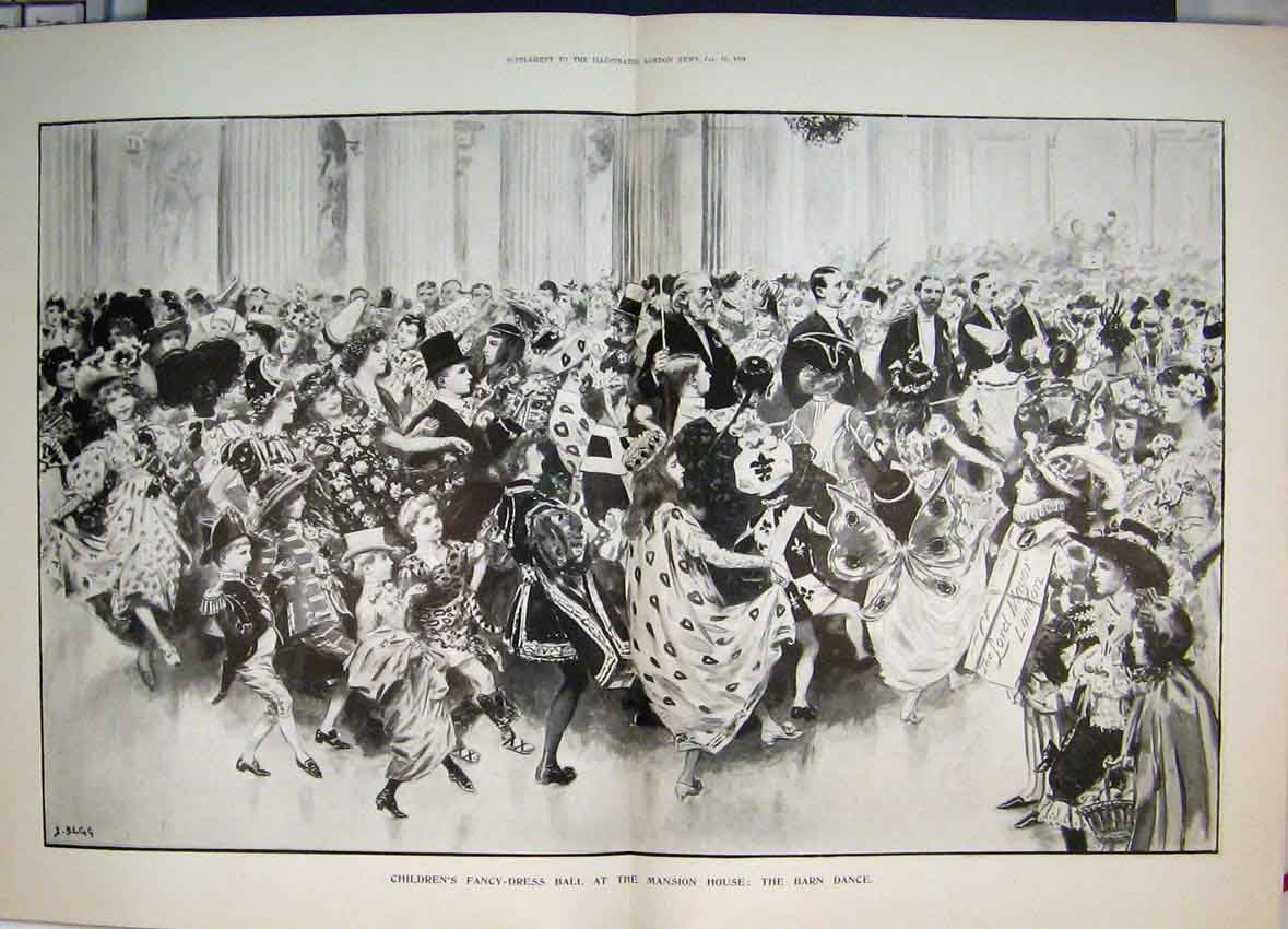 Original Old Antique Print 1898 Childrens Fancy Dress Ball Mansion House 19th