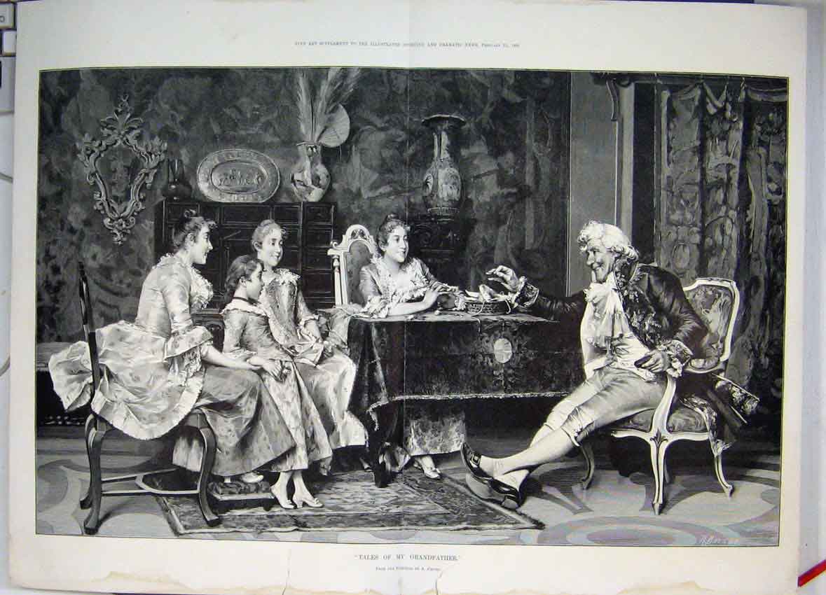 Original Old Antique Print 1892 Tales My Grandfather Painting Cecchi Victorian