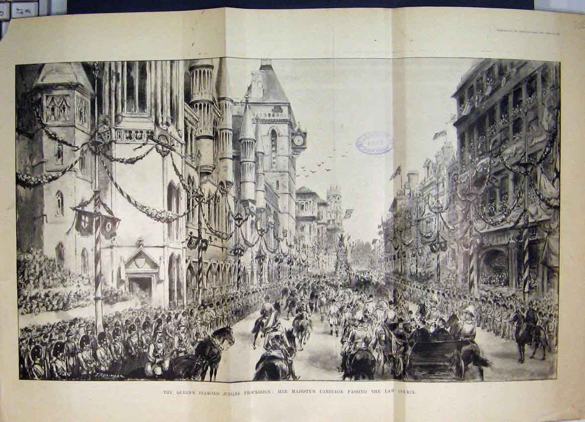 Old Antique Print 1897 Queens Diamond Jubilee Carriage Passing Law Courts 19th