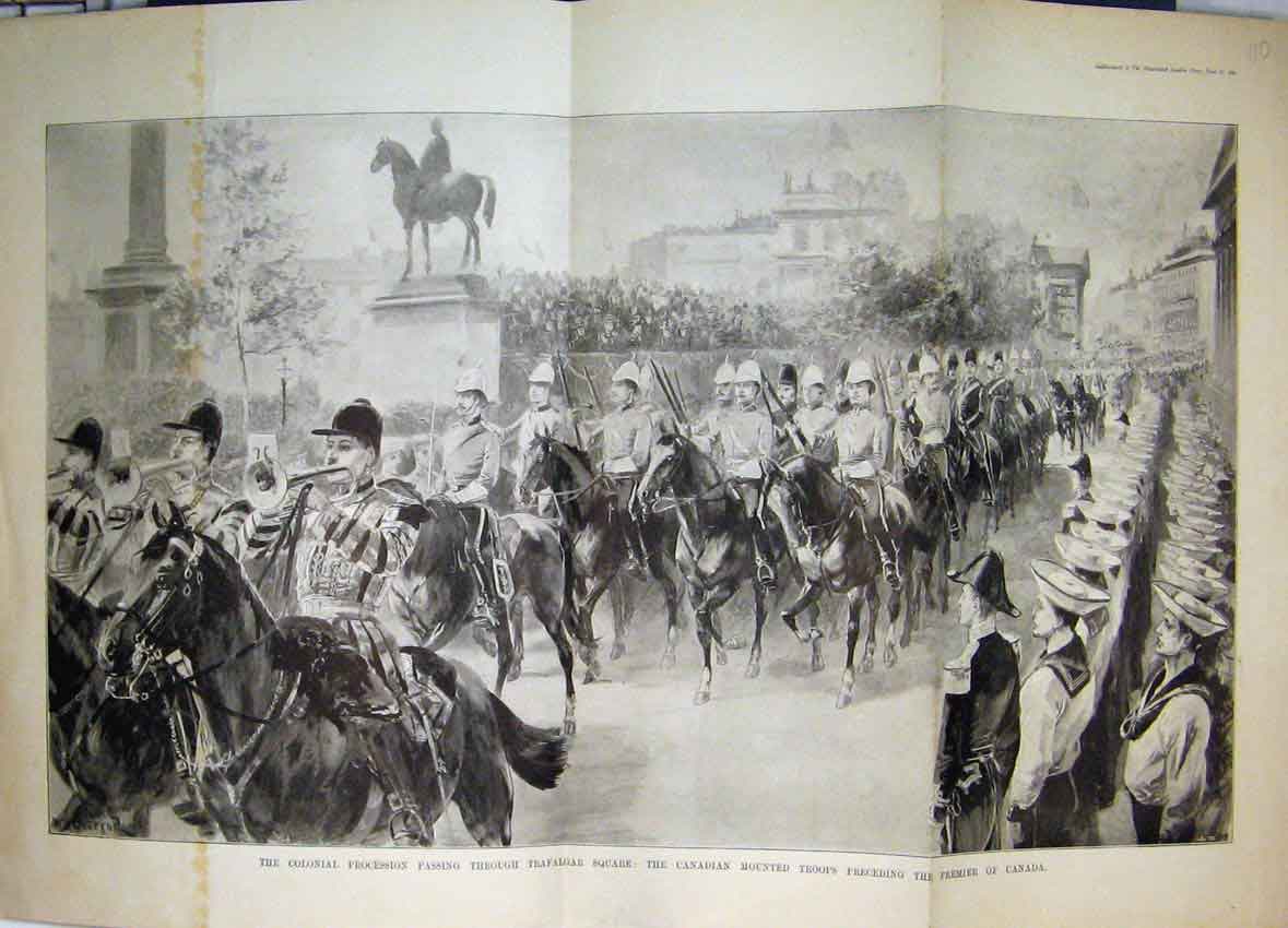 Original Old Antique Print 1897 Colonial Procession Trafalgar Square Mounties