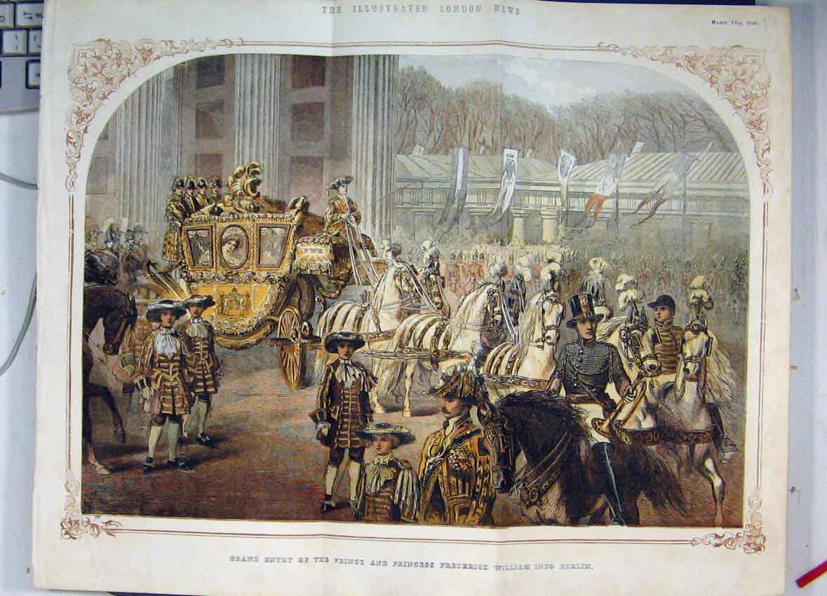 Original Old Antique Print 1858 Colour Prince Frederick William Berlin Carriage