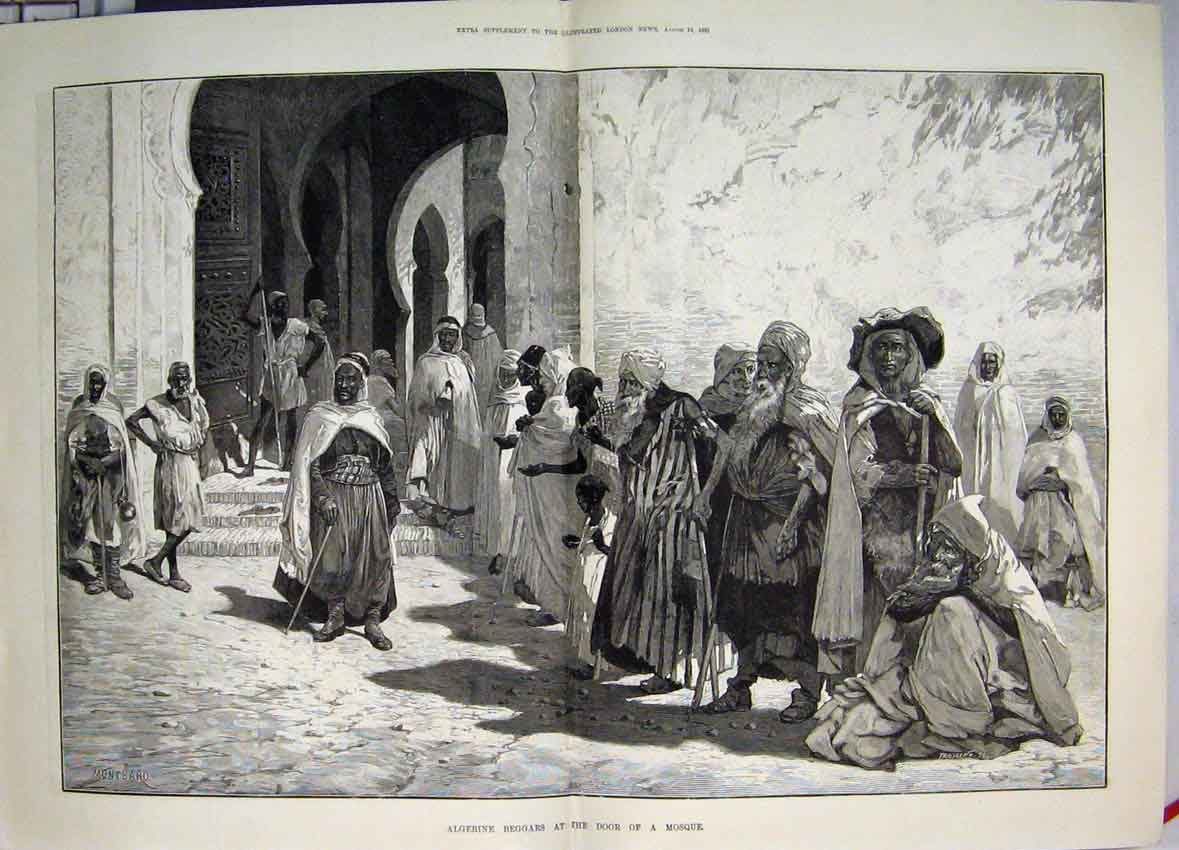 Original Old Antique Print 1881 Algerian Beggars At The Door A Mosque Victorian
