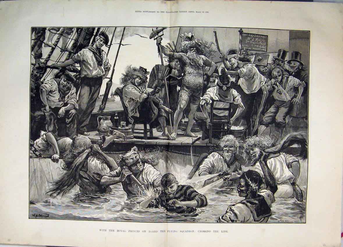 Original Old Antique Print 1881 Royal Princes On Board Flying Squadron Victorian