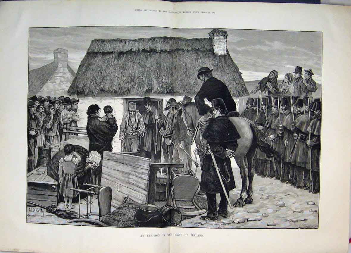 Original Old Antique Print 1881 People Evicted Hecklers Guards West Ireland 19th