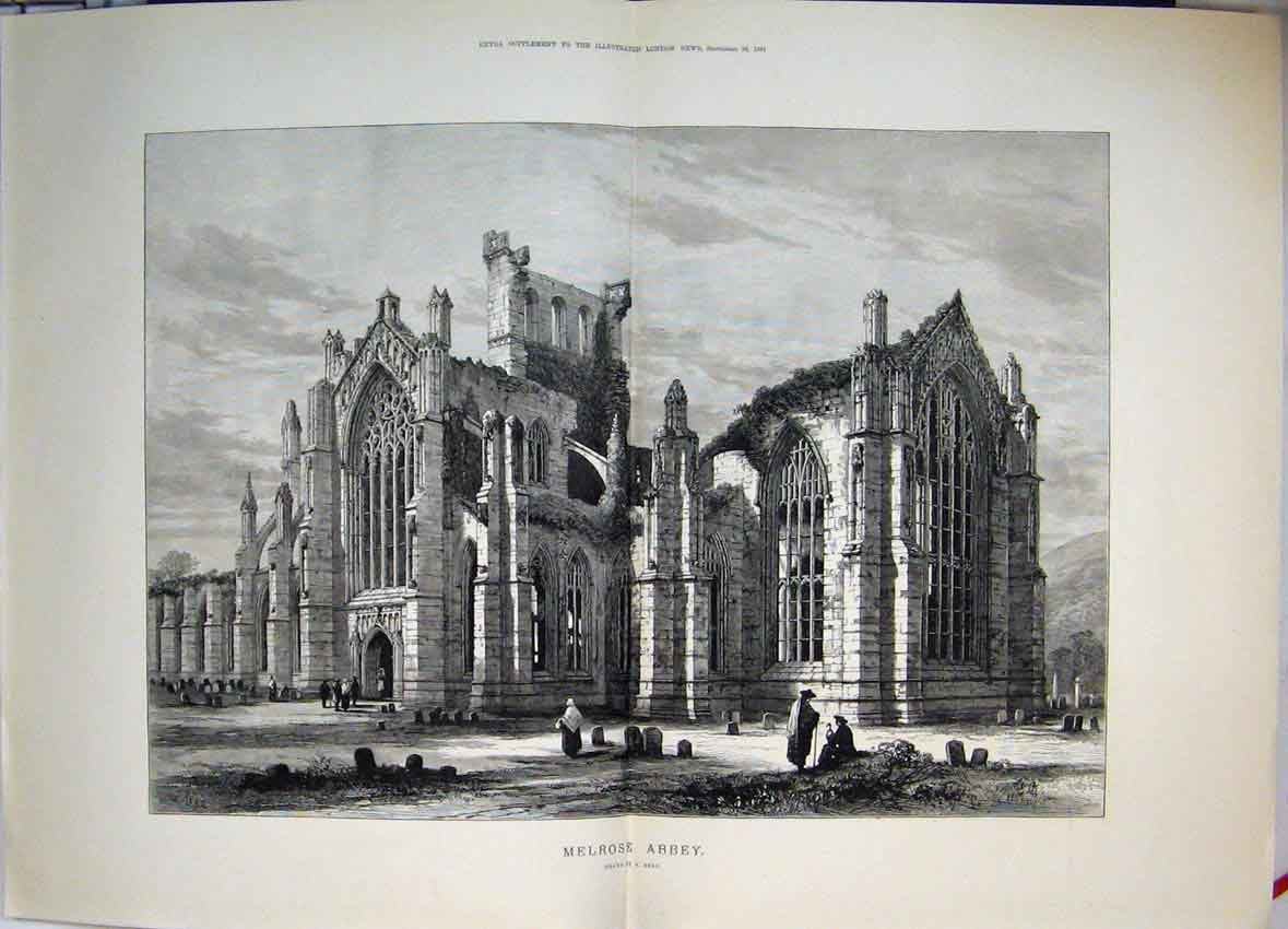Original Old Antique Print 1881 Melrose Abbey Gravestones 19th Century