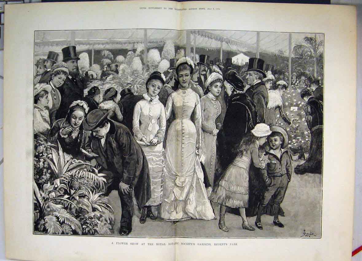 Original Old Antique Print 1880 Flower Show Royal Botanic Garden Regent Park