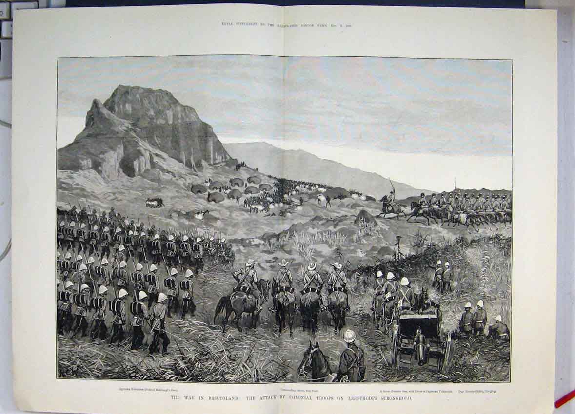 Original Old Antique Print 1880 War Basutoland Attack On Lerothodi'S Strong 19th