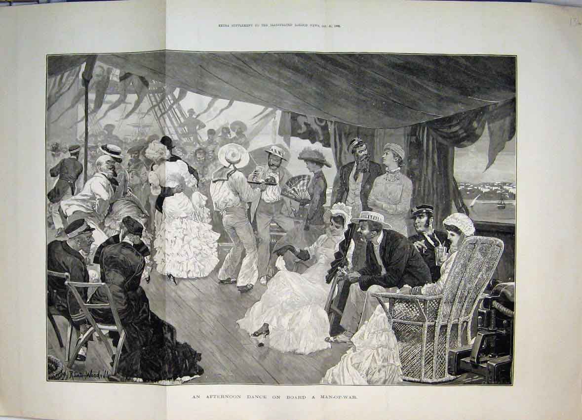 Original Old Antique Print 1882 Afternoon Dance On Board Man-O-War Victorian