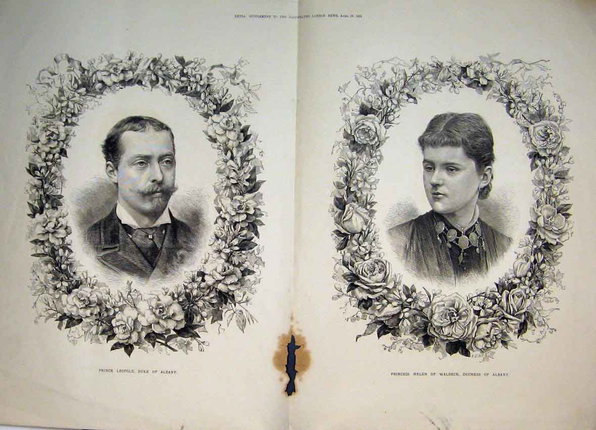 Original Old Antique Print Prince LeofAlbany Helen Waldeck Portraits 1882 19th