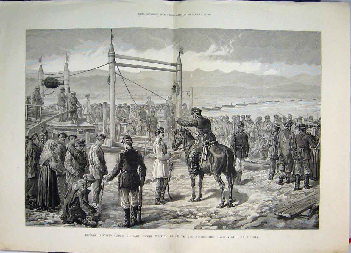 Original Old Antique Print Russian Convicts Escort River Yenisel In Siberia 1882