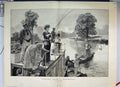 Original Old Antique Print Fishing From Houseboat The Lotus Ladies Rods 1887