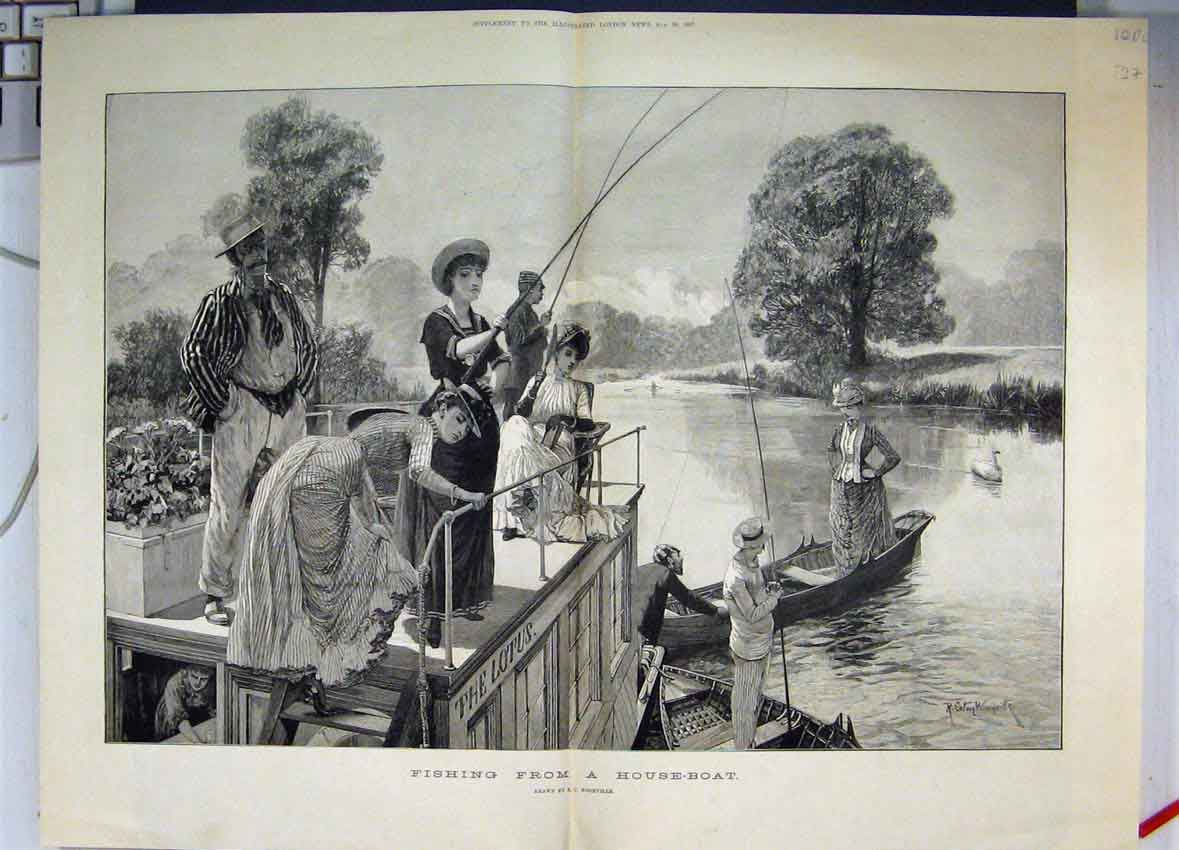 Original Old Antique Print Fishing From Houseboat The Lotus Ladies Rods 1887
