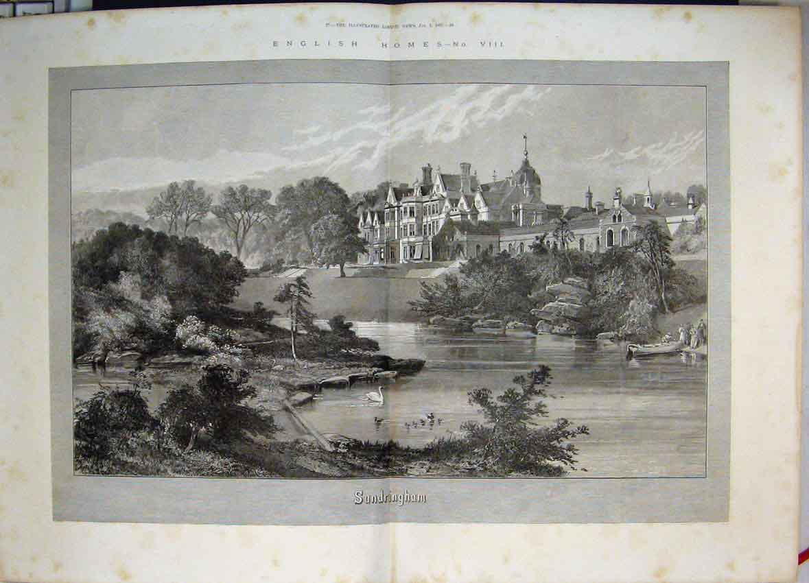 Original Old Antique Print English Homes Sandringham From Lake Swans Gardens1887