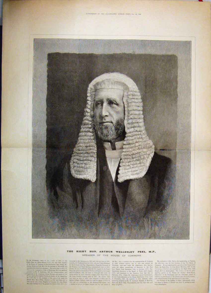 Original Old Antique Print Right Hon Arthur Wellesley Peel Speaker Portrait 1886